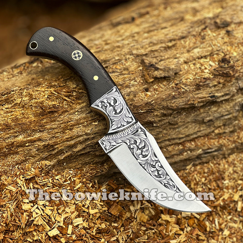 Custom Hunting Knife Hand Engraved Steel Blade Full Tang With Leather Sheath DK-259