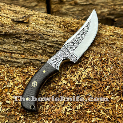 Custom Hunting Knife Hand Engraved Steel Blade Full Tang With Leather Sheath DK-259