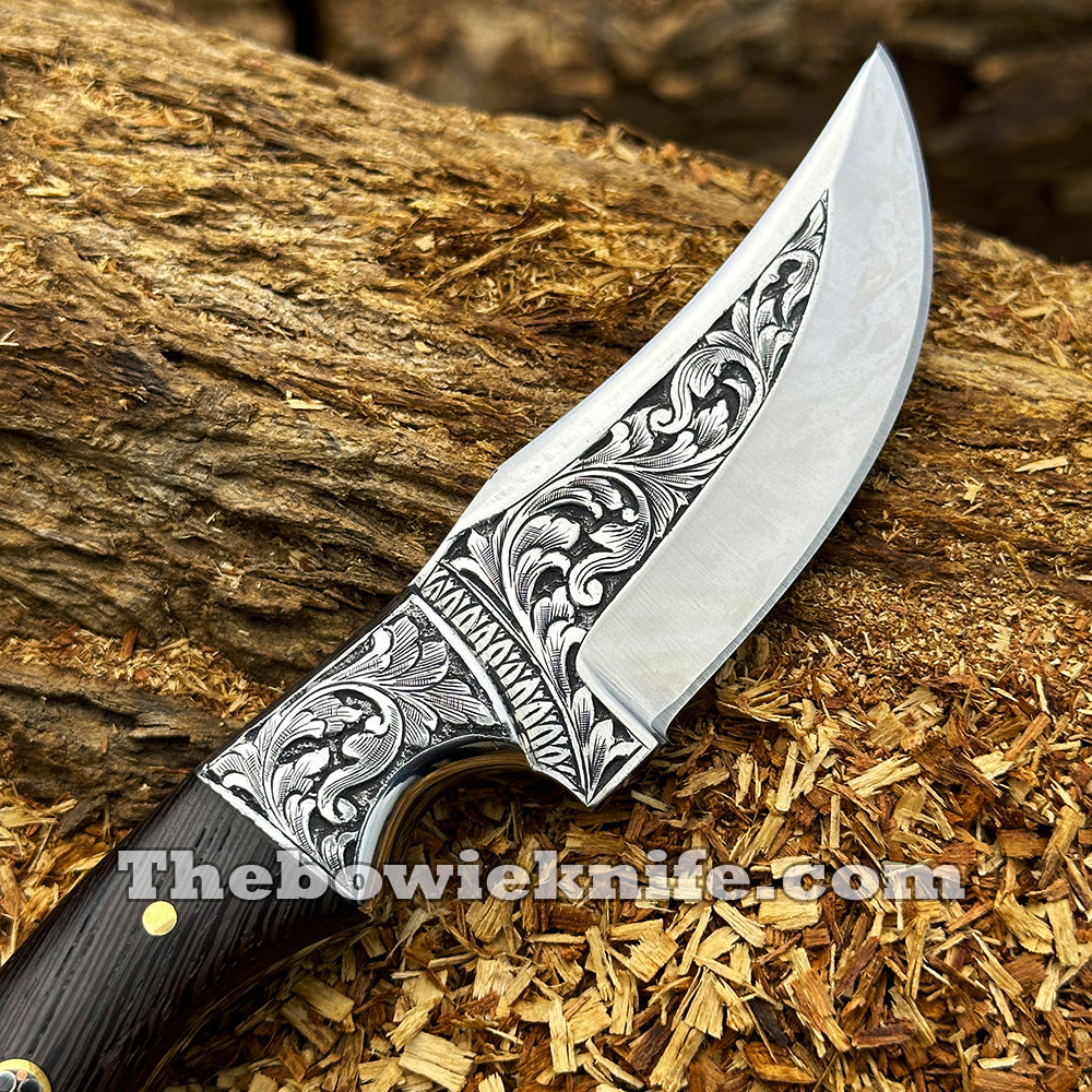 Custom Hunting Knife Hand Engraved Steel Blade Full Tang With Leather Sheath DK-259