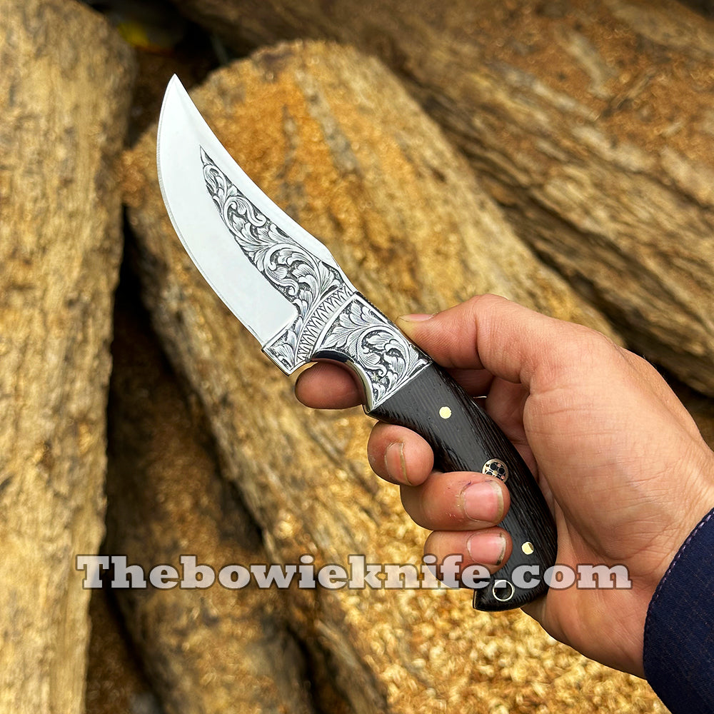 Custom Hunting Knife Hand Engraved Steel Blade Full Tang With Leather Sheath DK-259