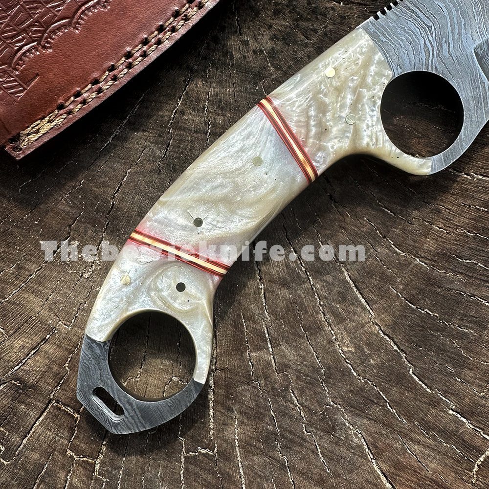 Damascus Knife Karambit Bowie Knife Pearl Handle With Leather Sheath DK-226