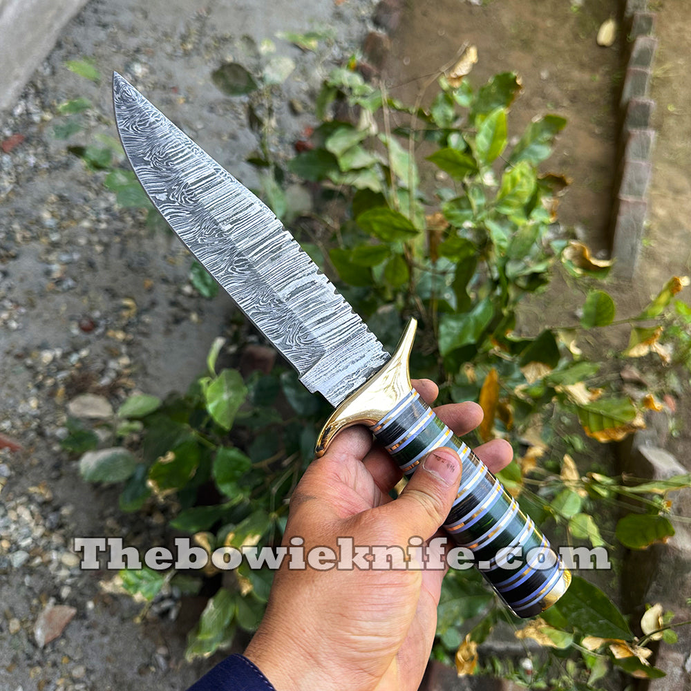 Custom Hunting Knife Handmade Damascus Knife Brass Guard And Pommel With Sheath DK-253