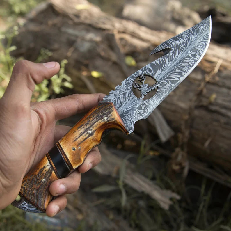 Handmade Damascus Hunting Knife With Leather Sheath DK-1001