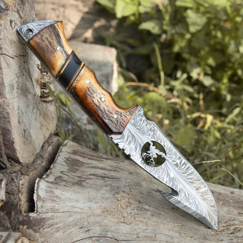 Handmade Damascus Hunting Knife With Leather Sheath DK-1001
