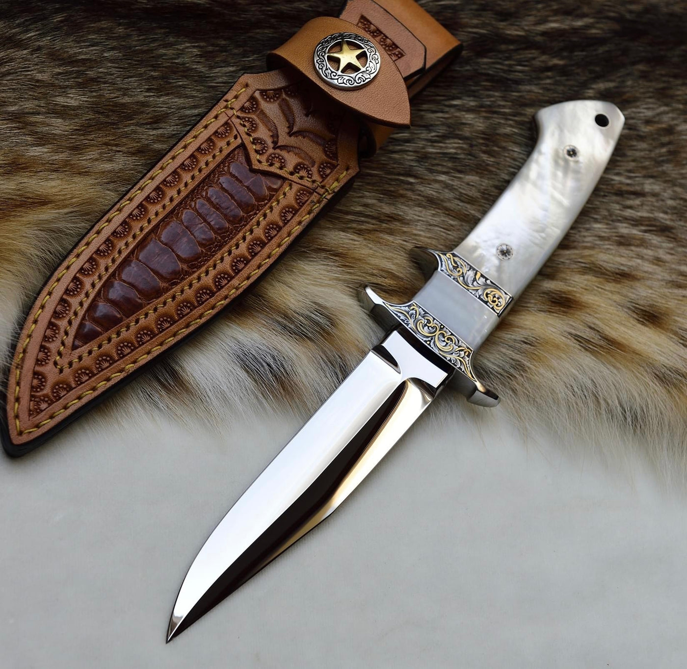 Custom Hunting Knife High Polished Blade With Leather Sheath DK-1000