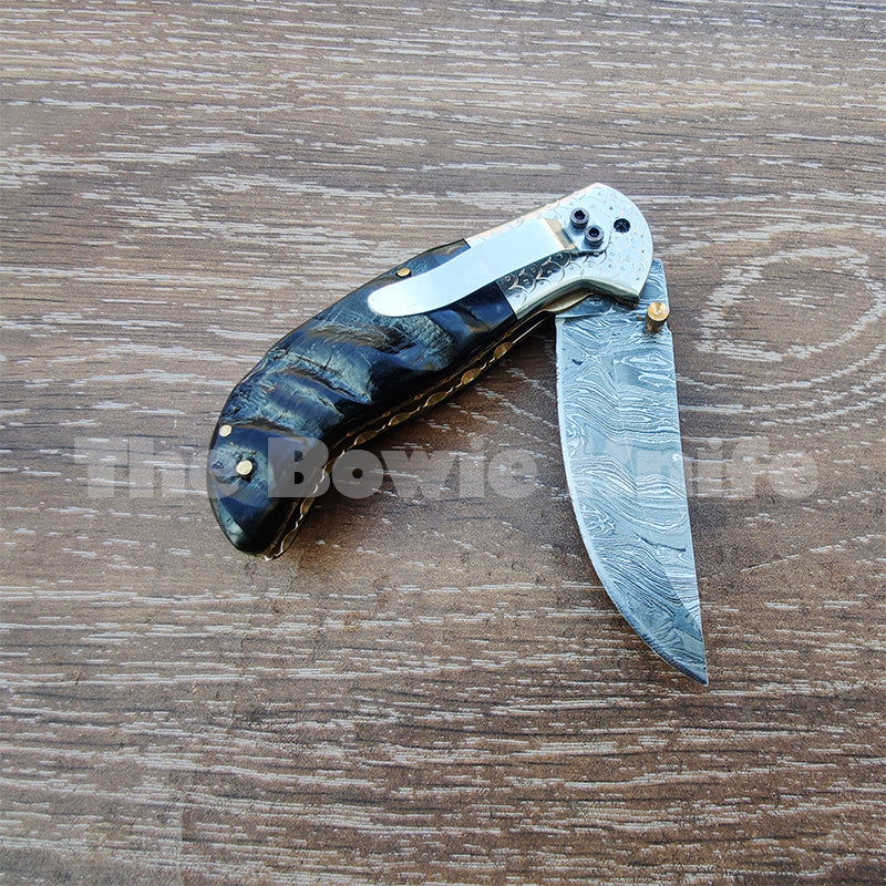 Ram Horn Handle Damascus Pocket Knife with Back Lock Folding – Pro