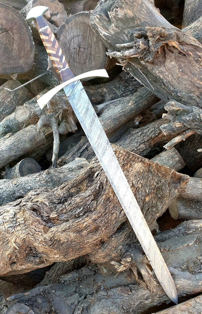 Custom Handmade Damascus Sword With leather Sheath DK-118
