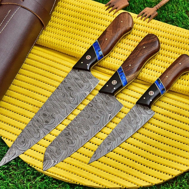 Chef Knife Set 3 Pieces Damascus Hand Forged With Sheath