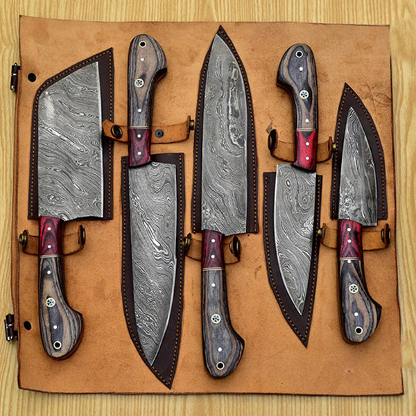 Hand Made Damascus Chef Knife With Leather,Damascus Knife ,Damascus high quality Chef Knife,Full Kitchen Knife Set,Damascus Chef