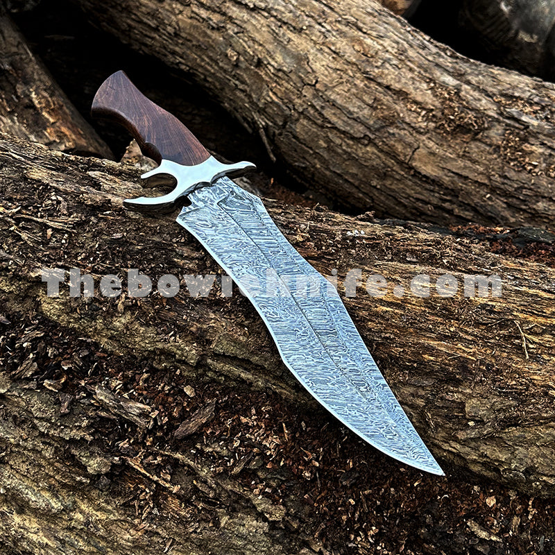 Damascus Steel Bowie Knife 2023 Steel Guard Wood Handle Handmade Leather Sheath BK-06