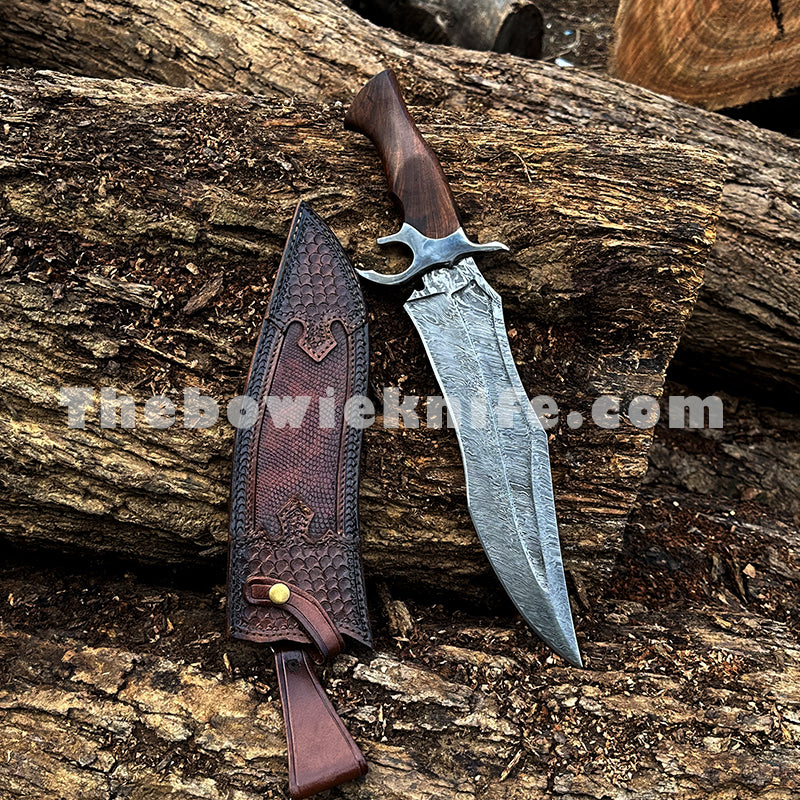 Damascus Steel Bowie Knife 2023 Steel Guard Wood Handle Handmade Leather Sheath BK-06