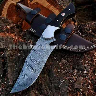 Damascus Steel Hunting Bowie Knife Bull Horn Handle With Leather Sheath DK-217