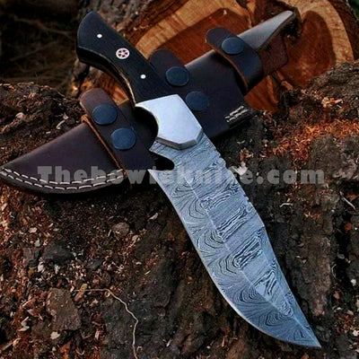 Damascus Steel Hunting Bowie Knife Bull Horn Handle With Leather Sheath DK-217