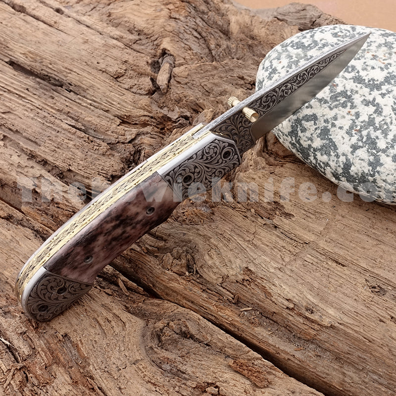 Engraved Folding Pocket Knife Bone Handle FK-039