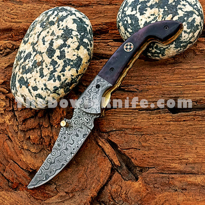 Damascus Steel Folding Pocket Knife Bull Horn Handle FK-050