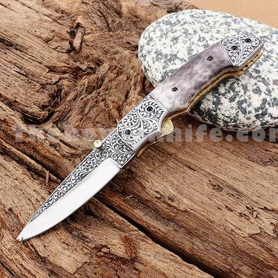 Engraved Folding Pocket Knife Bone Handle FK-039