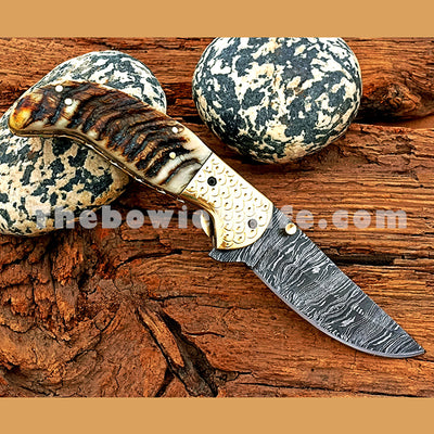 Damascus Steel Folding Pocket Knife Ram Horn Handle FK-056