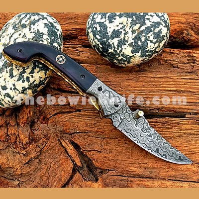 Damascus Steel Folding Pocket Knife Bull Horn Handle FK-050