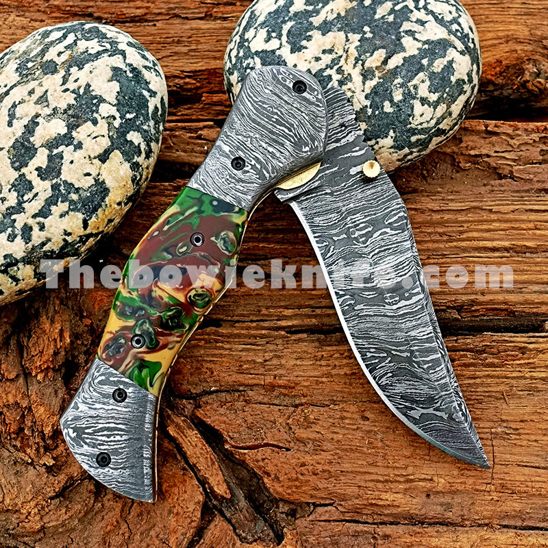Folding Pocket Knife Damascus Steel Raisin Handle FK-049