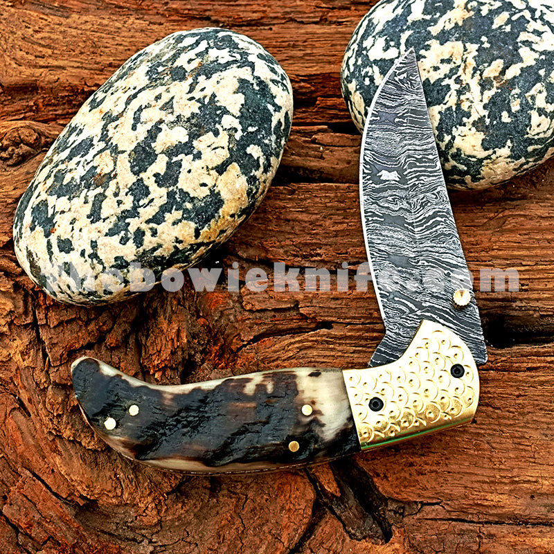 Damascus Steel Folding Pocket Knife Ram Horn Handle FK-056