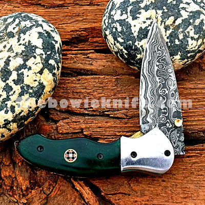 Folding Pocket Knife Bone handle Damascus Steel Blade FK-052