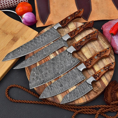 Damascus Steel BBQ Kitchen Chef Knife Set With Leather Bag