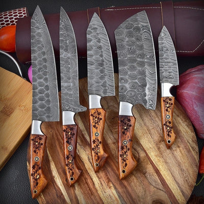 Damascus Steel BBQ Kitchen Chef Knife Set With Leather Bag