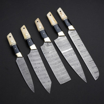 Damascus Steel 5 Pieces Chef Knife Set With Leather Bag
