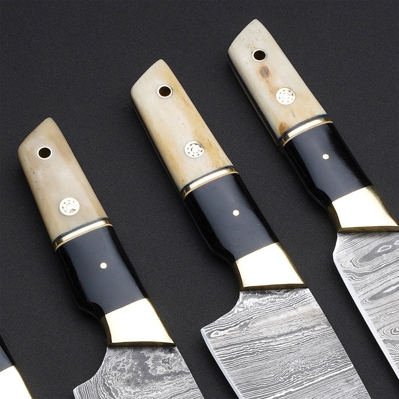 Damascus Steel 5 Pieces Chef Knife Set With Leather Bag