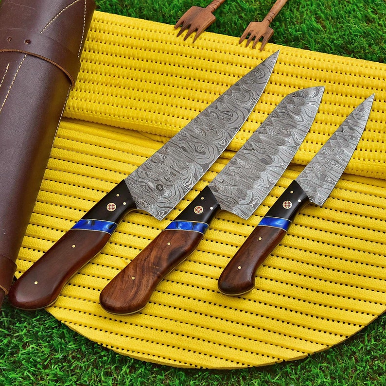 Chef Knife Set 3 Pieces Damascus Hand Forged With Sheath
