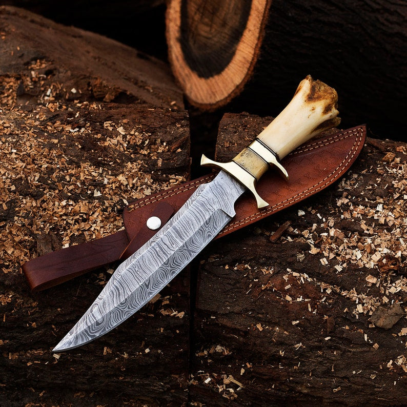 Custom Handmade Damascus Steel Bowie Knife Bone Handle With Leather Sheath DK-220