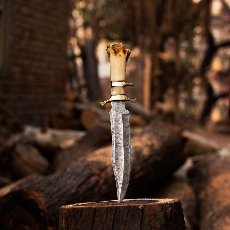 Custom Handmade Damascus Steel Bowie Knife Bone Handle With Leather Sheath DK-220