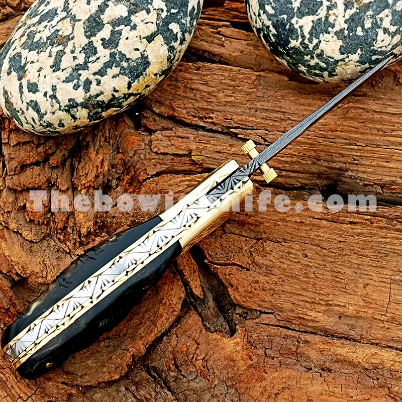 Damascus Blade Folding Pocket Knife Ram Horn Handle FK-048