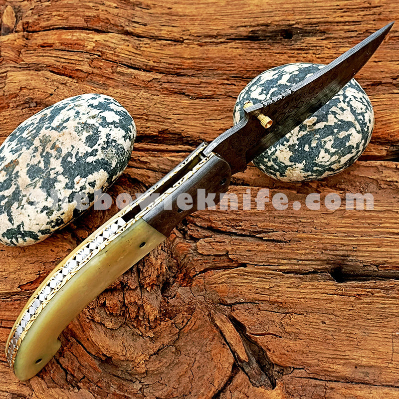 Folding Pocket Knife Damascus Blade Bone Handle FK-045
