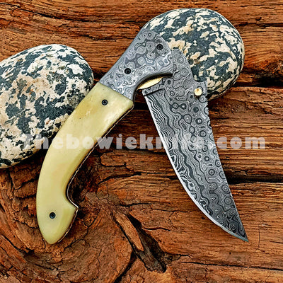 Folding Pocket Knife Damascus Blade Bone Handle FK-045