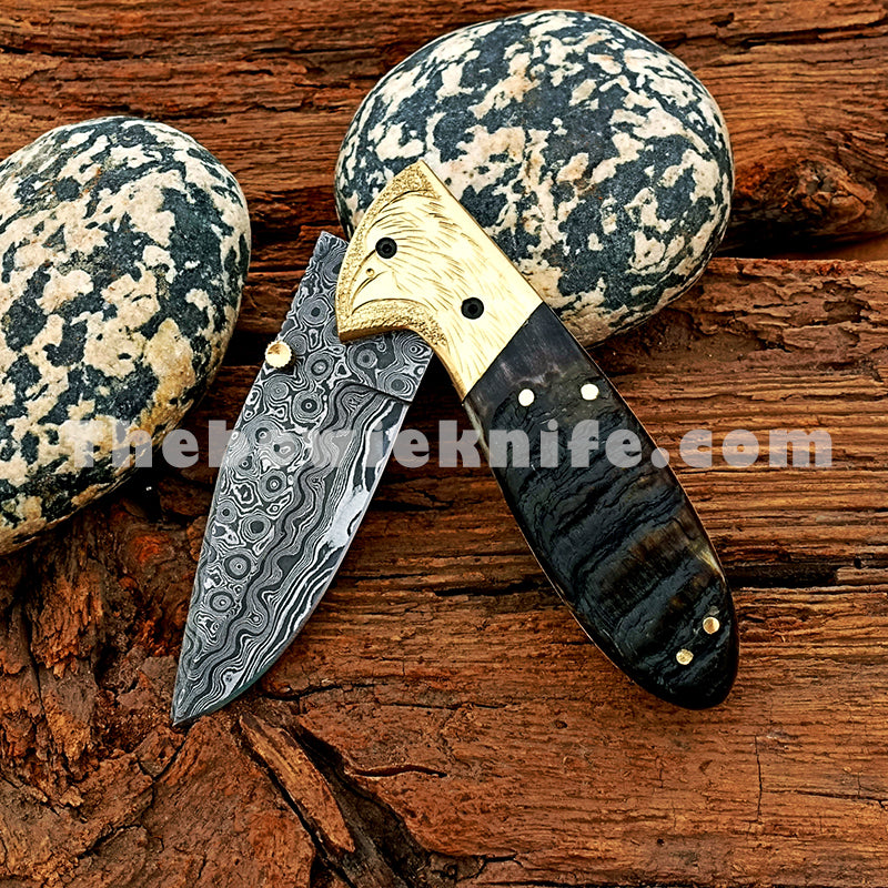 Damascus Blade Folding Pocket Knife Ram Horn Handle FK-048