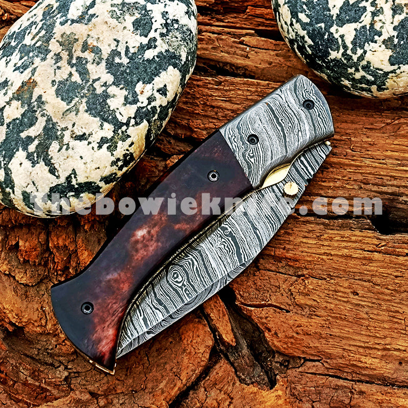 Damascus Blade Folding Pocket Knife Bone Handle FK-046