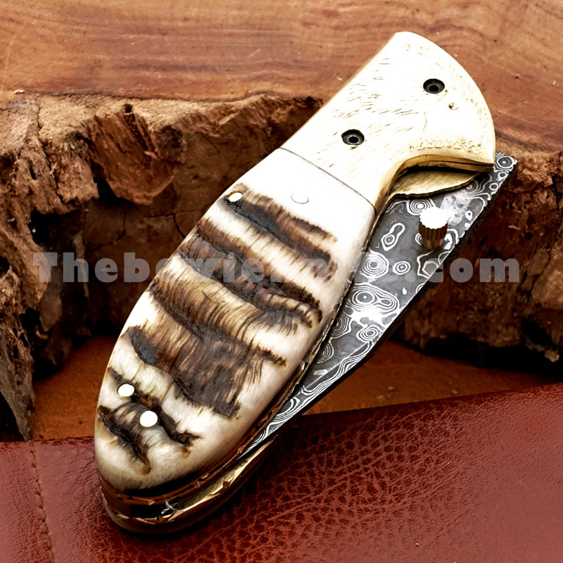 Ram Horn Pocket Knife Damascus Blade FK-021