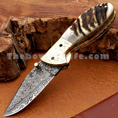 Ram Horn Pocket Knife Damascus Blade FK-021