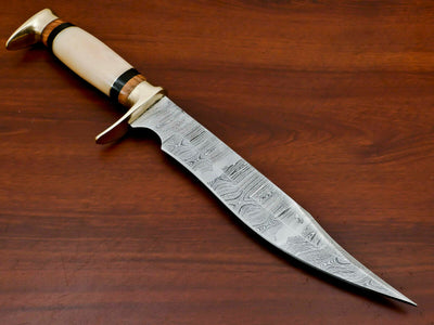 Bowie Knife Damascus Steel Fix Blade Bone Handle SK-153